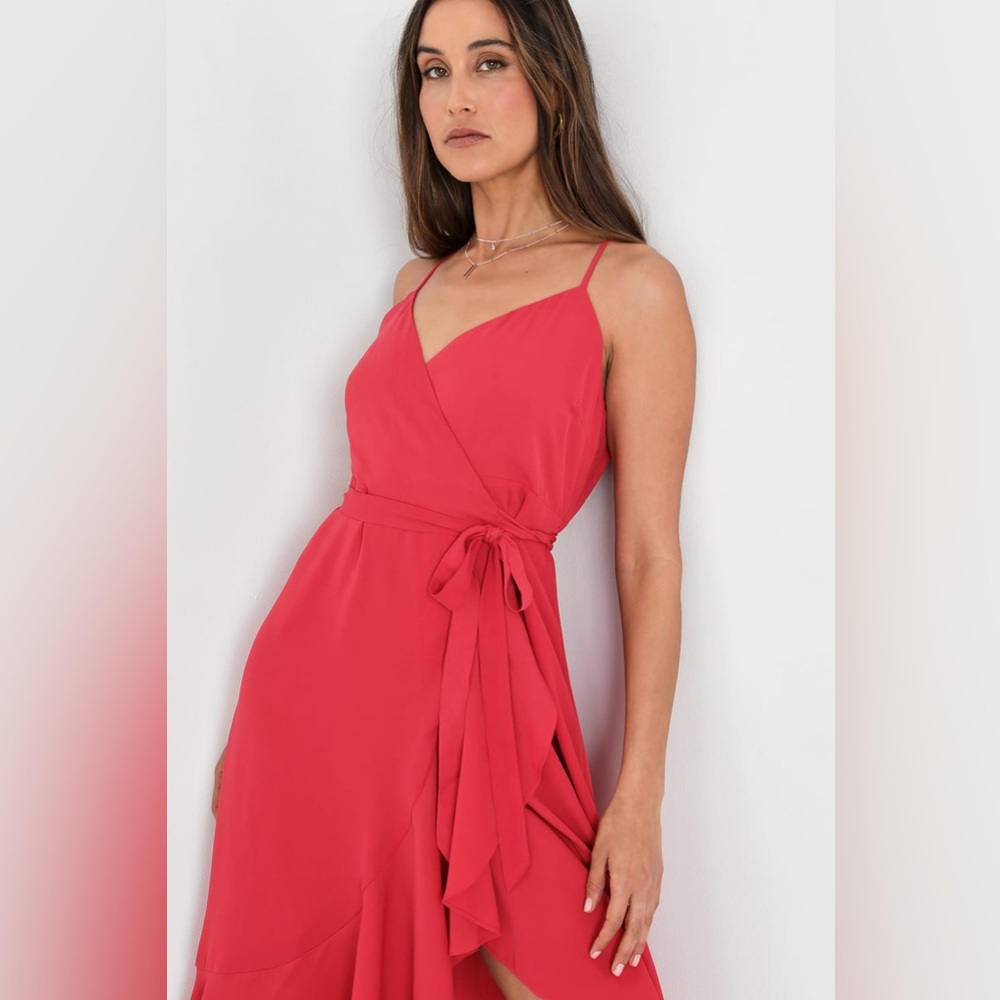 Lulu’s Manhattan Moment Berry Pink Ruffled Midi Wrap Dress in Red , XS S L - Picture 4 of 5